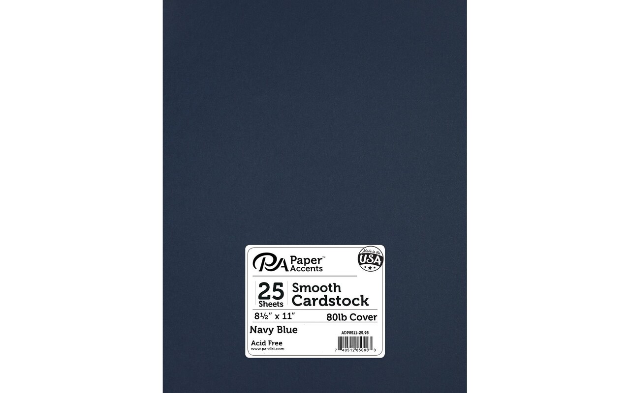 PA Paper Accents Smooth Cardstock 8.5" x 11" Navy Blue, 80lb colored cardstock paper for card making, scrapbooking, printing, quilling and crafts, 25 piece pack